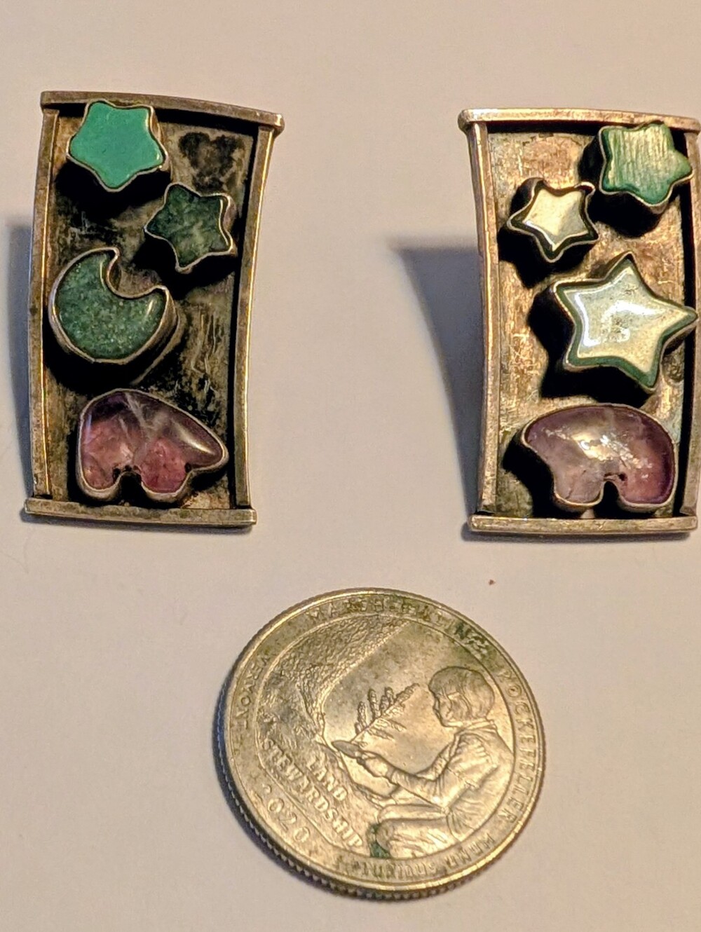 Amethyst Zuni Bear Turquoise Star Untested Silver Earrings